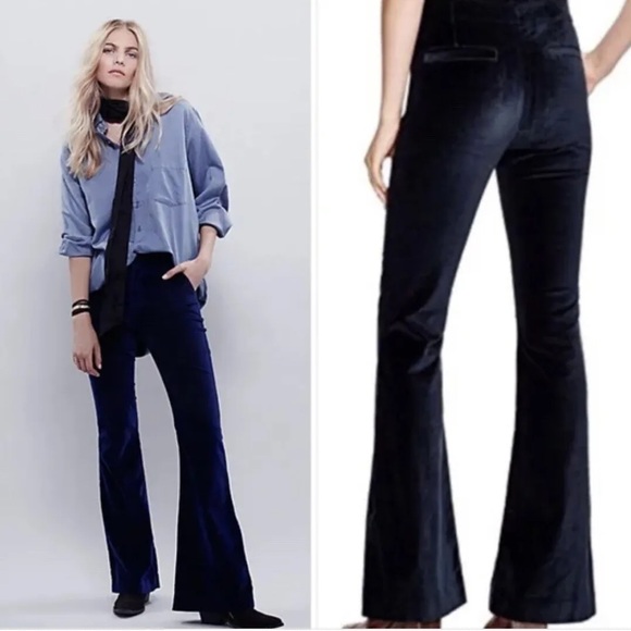 Free People Oxanna Jewel Royal Blue Velvet Flared Pants Size 29 - Picture 2 of 14